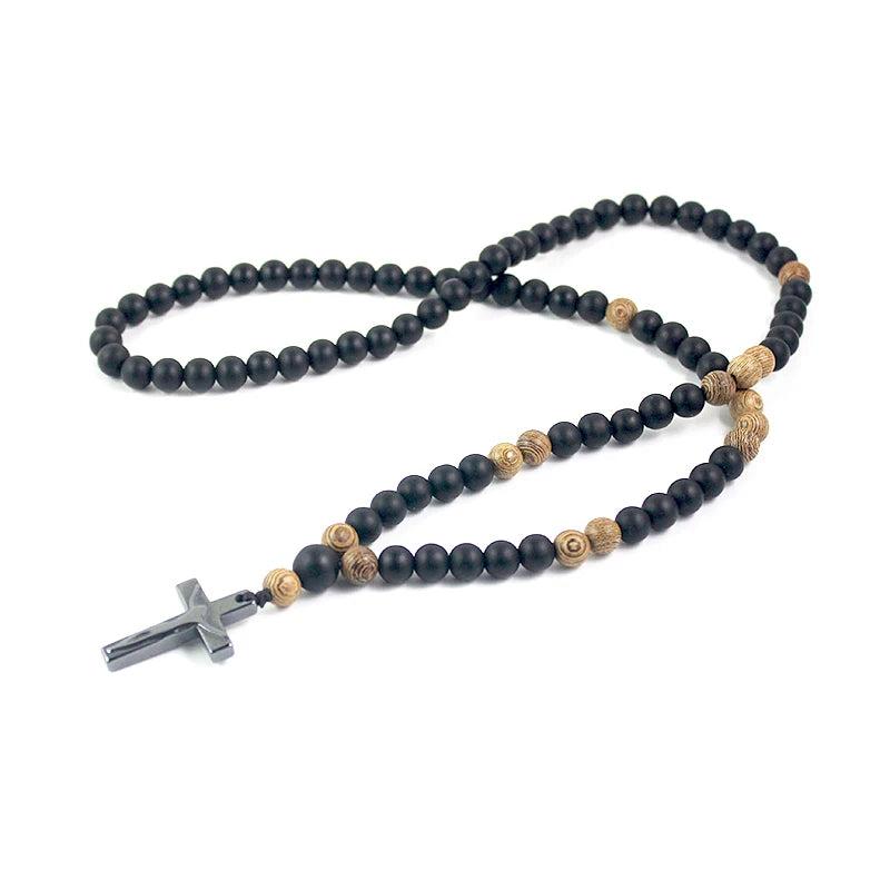 Matte Wood Beads Hematite Cross Pendant Necklace Rosary