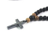 Matte Wood Beads Hematite Cross Pendant Necklace Rosary