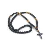 Matte Wood Beads Hematite Cross Pendant Necklace Rosary