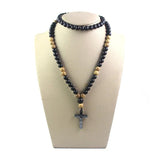 Matte Wood Beads Hematite Cross Pendant Necklace Rosary