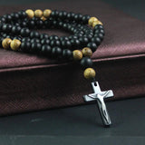 Matte Wood Beads Hematite Cross Pendant Necklace Rosary
