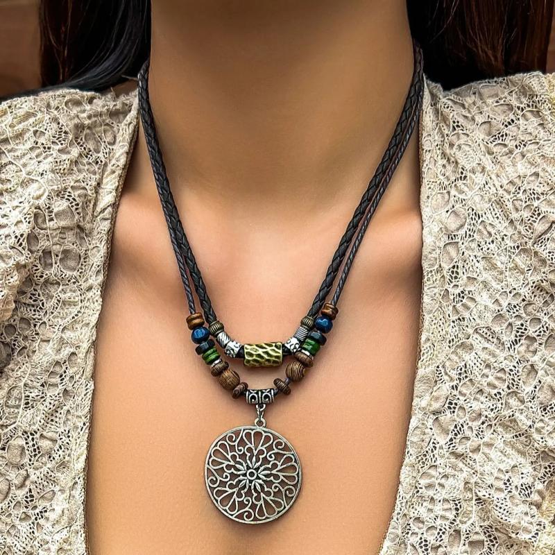 Silver Round Disc Pendant Necklace with Wood Beads Charm Choker