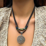 Silver Round Disc Pendant Necklace with Wood Beads Charm Choker