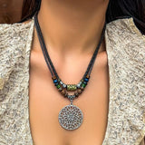 Silver Round Disc Pendant Necklace with Wood Beads Charm Choker