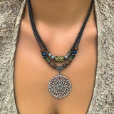 Silver Round Disc Pendant Necklace with Wood Beads Charm Choker