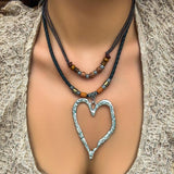 Silver Round Disc Pendant Necklace with Wood Beads Charm Choker