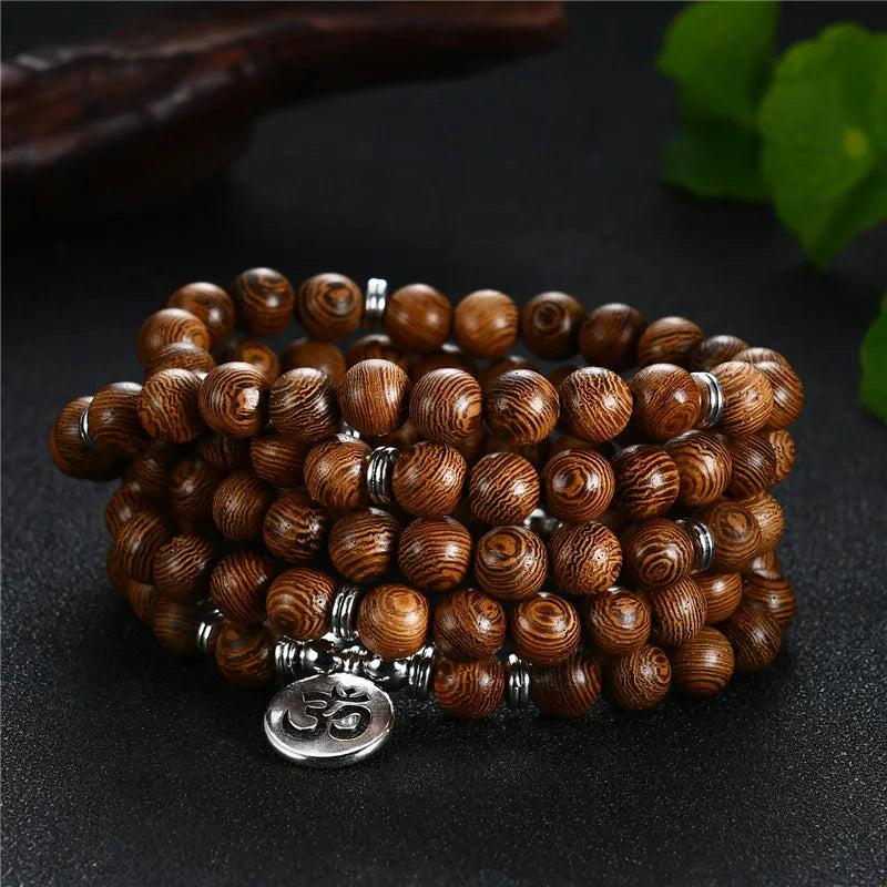 Vintage Buddhism Wenge Wood Lotus Necklace 108 Beads Rosary Unisex Jewelry