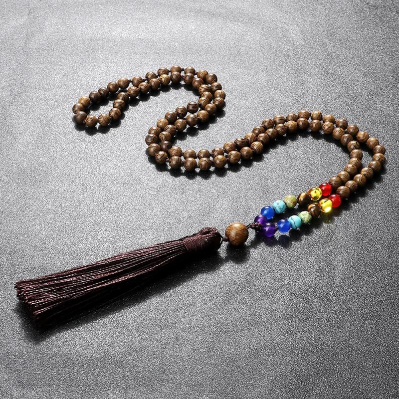 7 Chakra Japamala Wooden Beads Necklace Tassel Buddhist Prayer Yoga Rosary