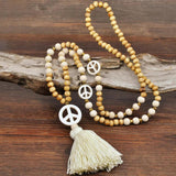Peace Symbol Pendant Wooden Beaded Chain Tassel Necklace
