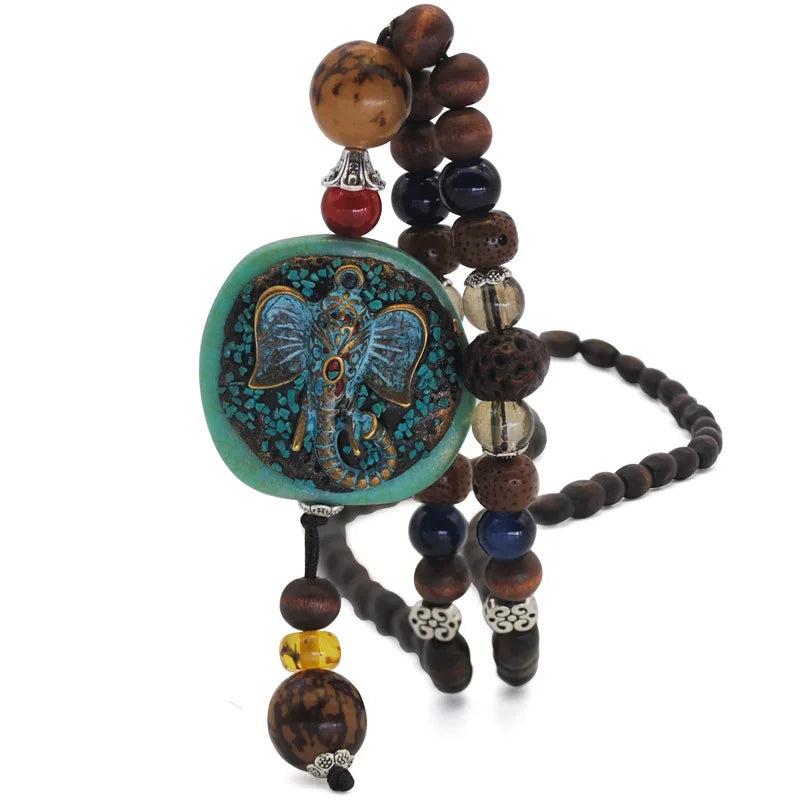 Vintage Ethnic Wood Bead Necklace Nepal Elephant Sweater Chain