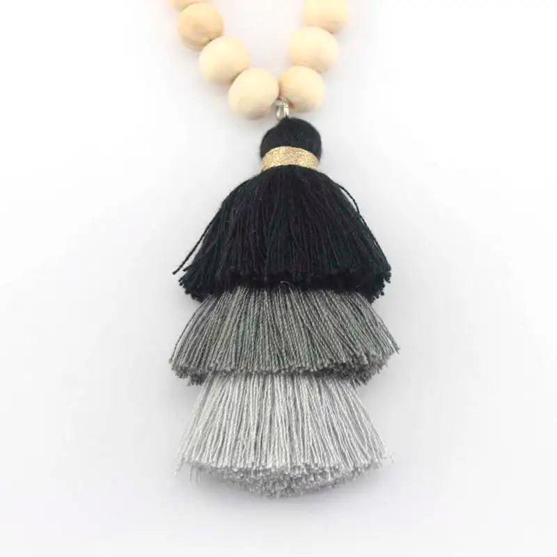 Sandal Wood Beads 3-Layer Tassel Necklace 15 Colors Option