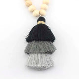 Sandal Wood Beads 3-Layer Tassel Necklace 15 Colors Option
