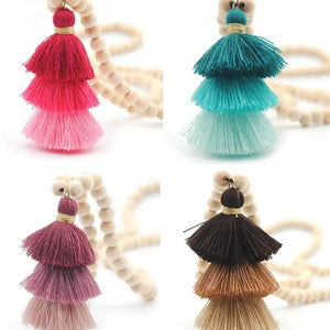 Sandal Wood Beads 3-Layer Tassel Necklace 15 Colors Option