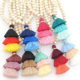 Sandal Wood Beads 3-Layer Tassel Necklace 15 Colors Option