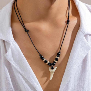 Vintage Tooth Pendant Necklace for Men Wood Beads Wax Thread Adjustable