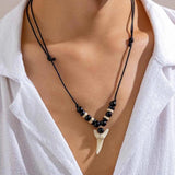 Vintage Tooth Pendant Necklace for Men Wood Beads Wax Thread Adjustable