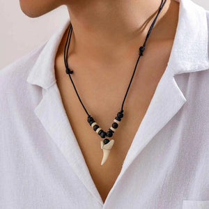 Vintage Tooth Pendant Necklace for Men Wood Beads Wax Thread Adjustable