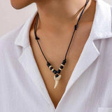 Vintage Tooth Pendant Necklace for Men Wood Beads Wax Thread Adjustable