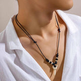 Vintage Tooth Pendant Necklace for Men Wood Beads Wax Thread Adjustable