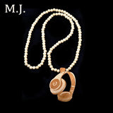 Hip Hop Wood Headset Pendant Necklace Wooden Beads Long Chain Headphone