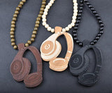 Hip Hop Wood Headset Pendant Necklace Wooden Beads Long Chain Headphone