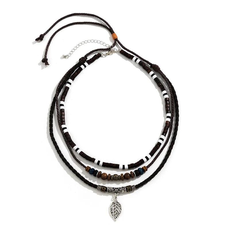 Vintage Tribal Pendant Necklace Set Men Leather Rope Wood Beaded