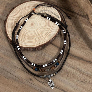 Vintage Tribal Pendant Necklace Set Men Leather Rope Wood Beaded