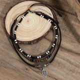 Vintage Tribal Pendant Necklace Set Men Leather Rope Wood Beaded