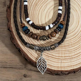 Vintage Tribal Pendant Necklace Set Men Leather Rope Wood Beaded