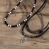 Vintage Tribal Pendant Necklace Set Men Leather Rope Wood Beaded