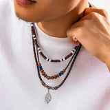 Vintage Tribal Pendant Necklace Set Men Leather Rope Wood Beaded