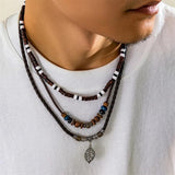 Vintage Tribal Pendant Necklace Set Men Leather Rope Wood Beaded