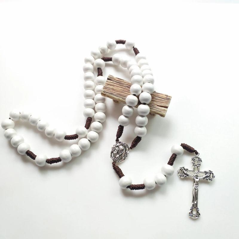 Wooden Braided Chain Rosary Necklace Virgin Mary Christ Jesus Cross Pendant