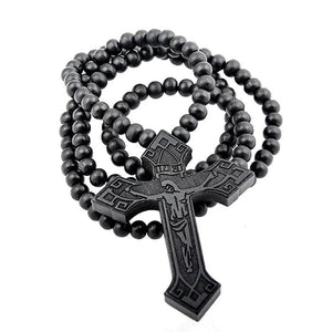 Hip Hop Wood Cross Necklace Wooden Beads Chain Jesus Pendant Prayer Jewelry