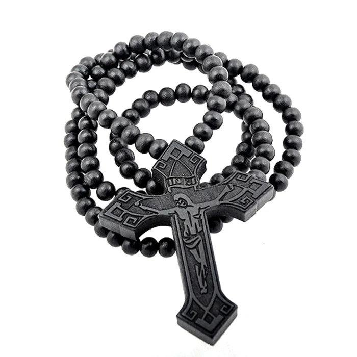 Hip Hop Wood Cross Necklace Wooden Beads Chain Jesus Pendant Prayer Jewelry
