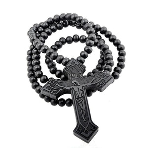 Hip Hop Wood Cross Necklace Wooden Beads Chain Jesus Pendant Prayer Jewelry