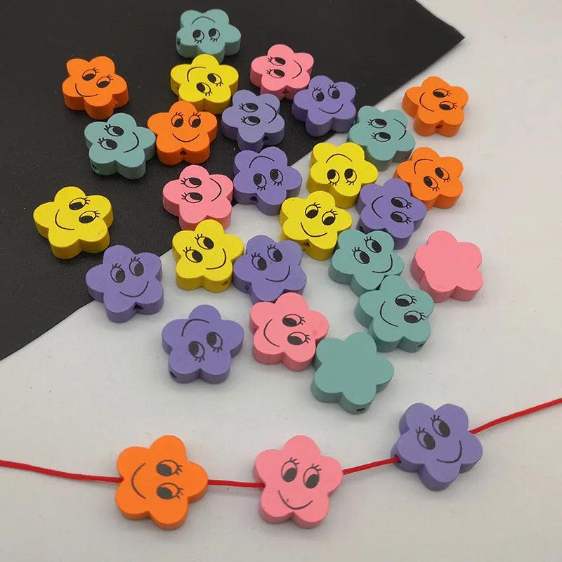 20pcs Wooden Beads Smiley Flower Shape Jewelry DIY Macaron Beads