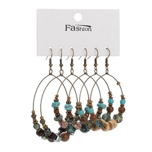 Vintage Ethnic Drop Dangle Earring Set Turquoise Beads Plated Circle Earrings