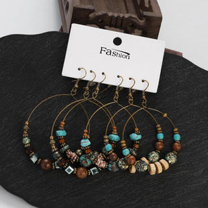 Vintage Ethnic Drop Dangle Earring Set Turquoise Beads Plated Circle Earrings