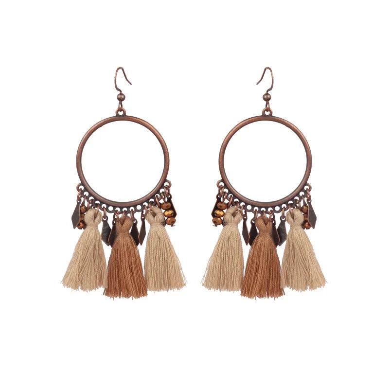 Ethnic Wood Beads Tassel Drop Earrings Vintage Hanging Jewelry