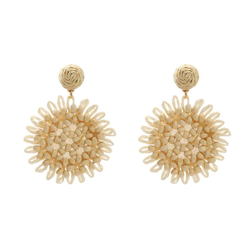 Wood Beaded Lafite Round Earrings Vintage Dangle Banquet Jewelry