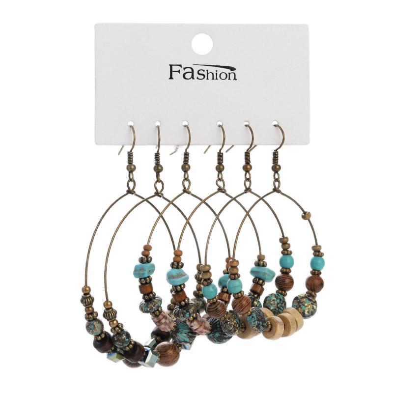 Vintage Circle Dangle Earrings Antique Plated Turquoises Beads Ethnic Jewelry
