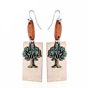Vintage Wood Bead Tree of Life Dangle Earrings Long Jewelry Accessories