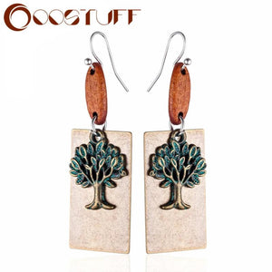 Vintage Wood Bead Tree of Life Dangle Earrings Long Jewelry Accessories