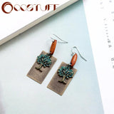 Vintage Wood Bead Tree of Life Dangle Earrings Long Jewelry Accessories