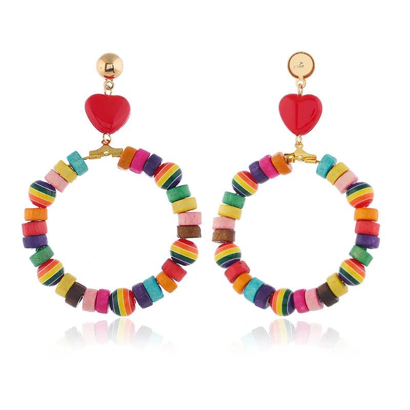 Colorful Wooden Beaded Heart Earrings for Women Girls