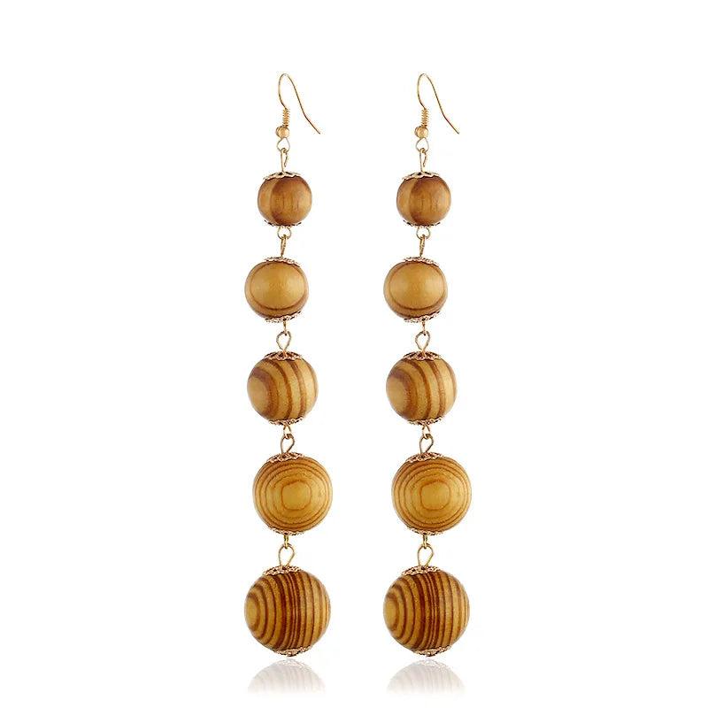 Vintage Retro Earrings Leopard Wood Beads Tassel Ethnic Drop