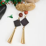 Vintage Wood Bead Drop Earrings for Women