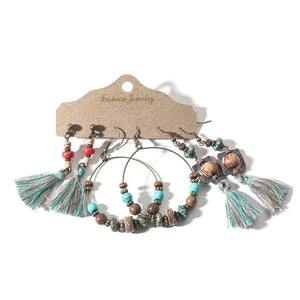 Vintage Wood Beads Drop Earrings Set Boho Tassel Earring