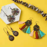 Vintage Wood Beads Drop Earrings Set Boho Tassel Earring